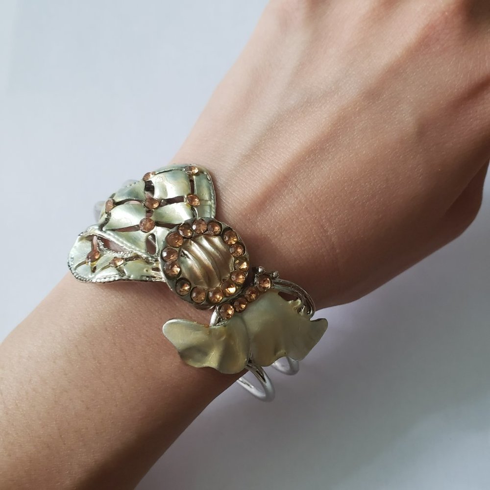 Abstracted Bejeweled Silver Bow Tie Cuff Bangle Bracelet